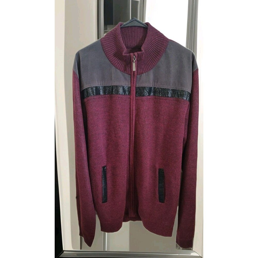 Sorano Men's Sweater Jacket Size XL Zip Burgundy Black/Gray Trim Pockets
